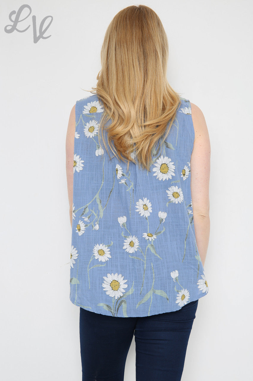 Ladies Sleeveless Daisy Print Top  Denim
