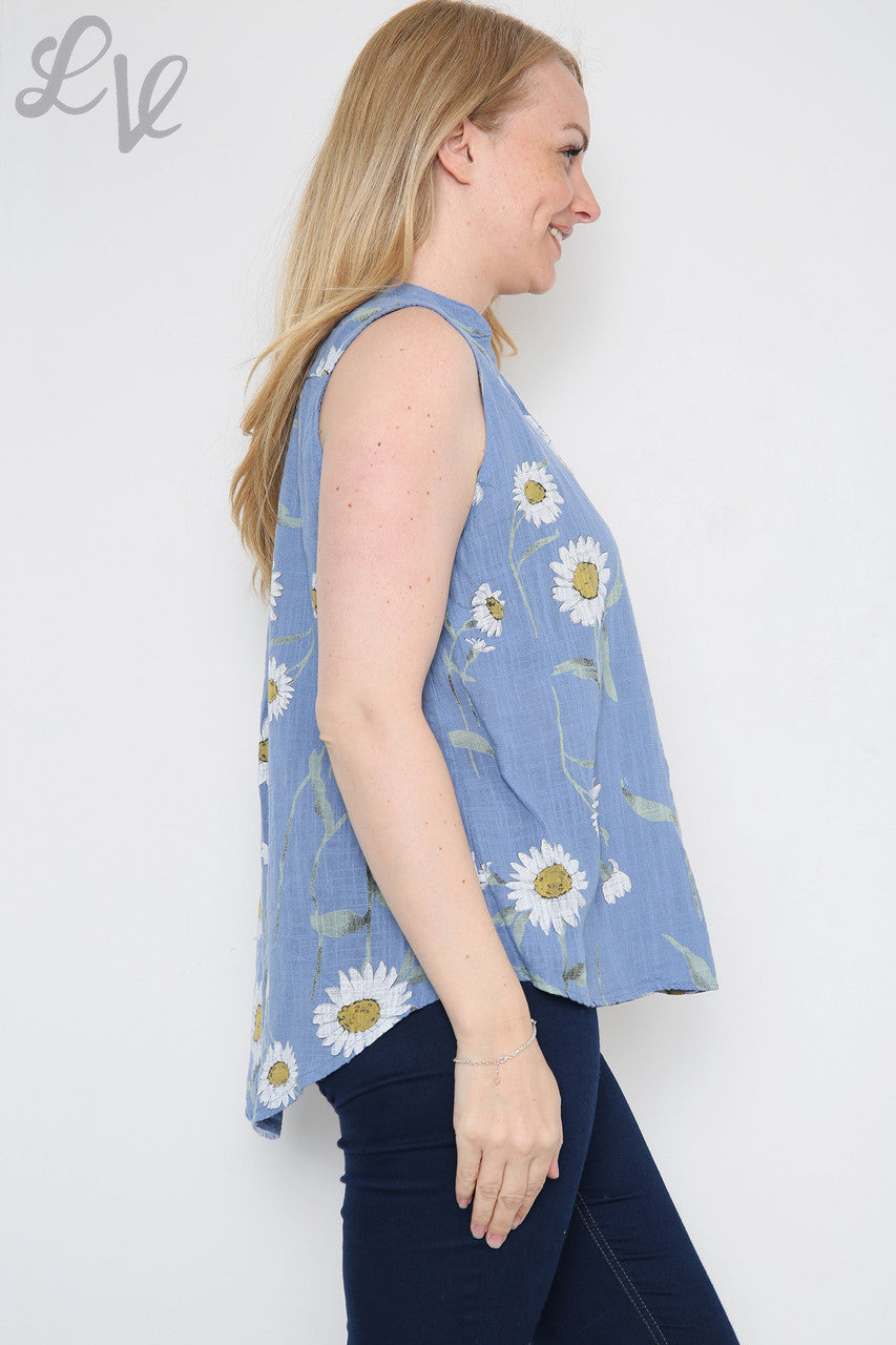 Ladies Sleeveless Daisy Print Top  Denim
