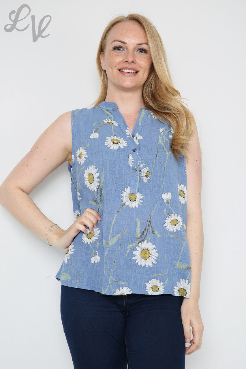 Ladies Sleeveless Daisy Print Top  Denim