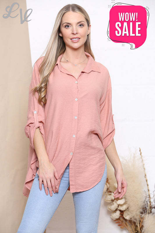 Ladies Plain Button Front Shirt Top Dusty Pink