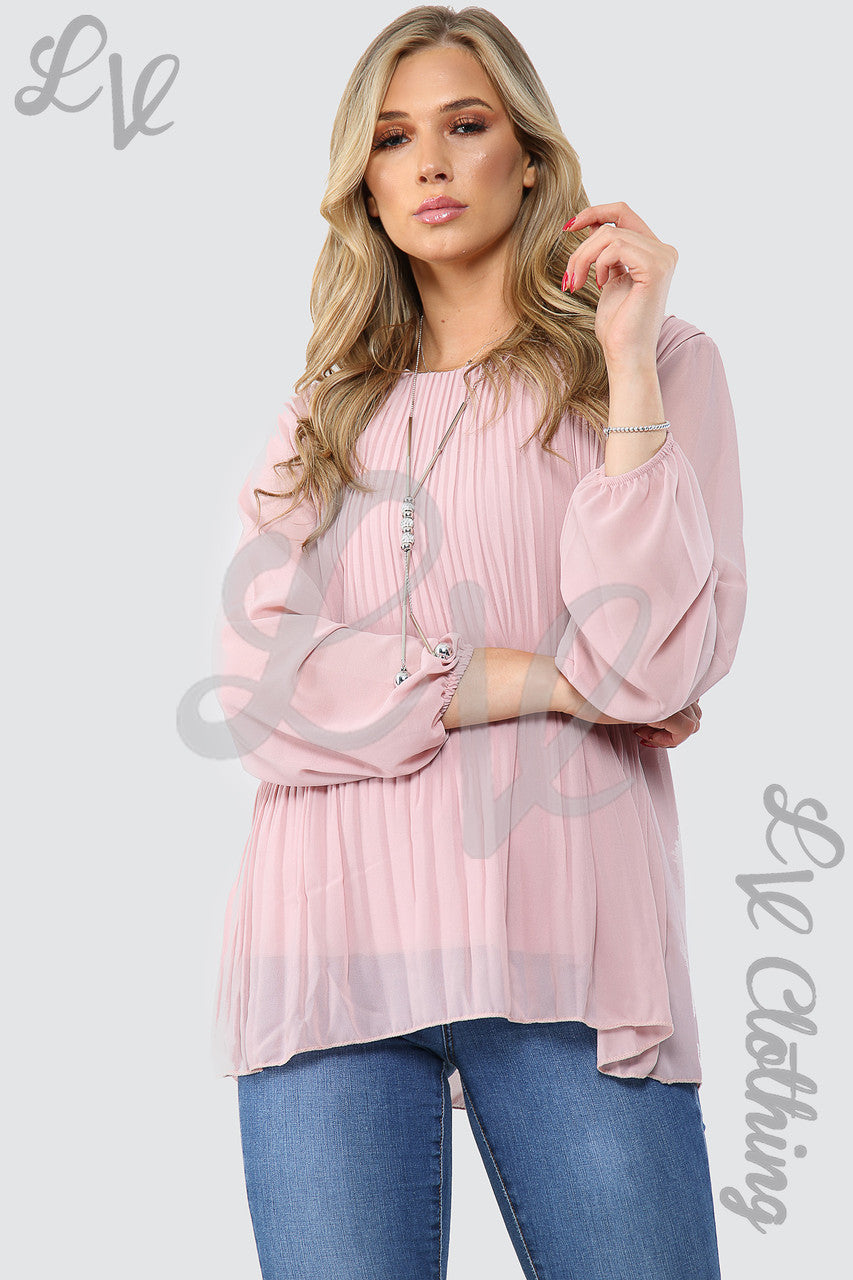 Ladies Pleated Long Sleeve Blouse With Necklace Pink - Unit Price £4.99