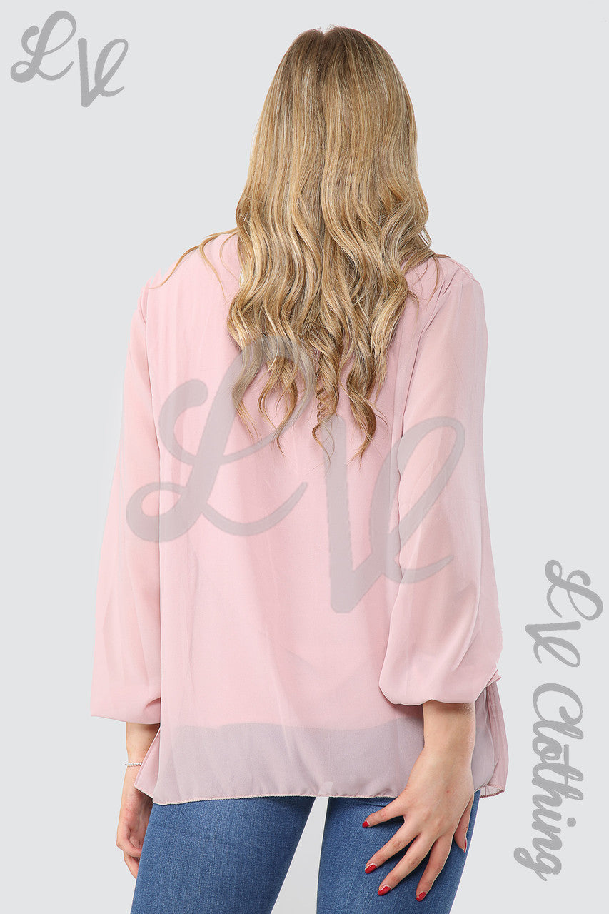 Ladies Pleated Long Sleeve Blouse With Necklace Pink - Unit Price £4.99