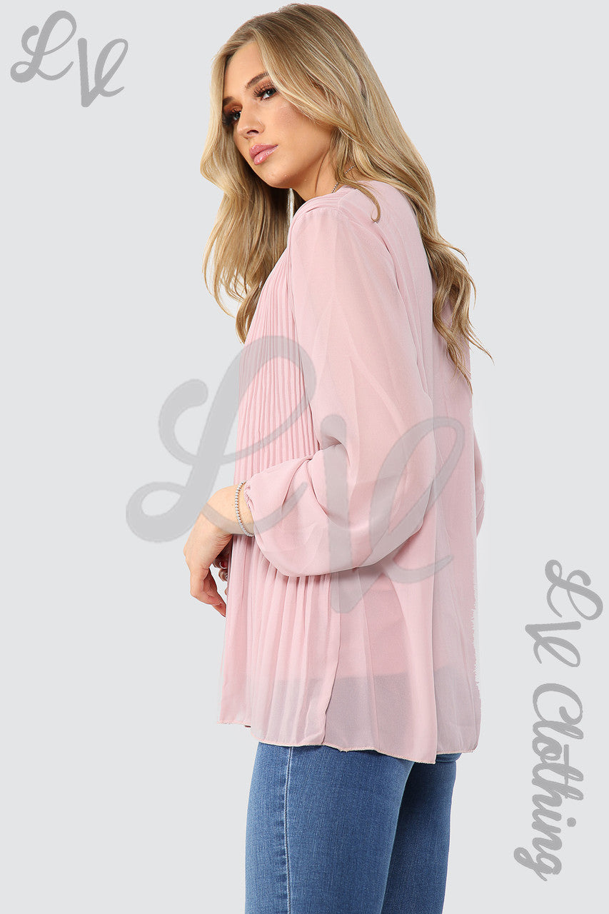 Ladies Pleated Long Sleeve Blouse With Necklace Pink - Unit Price £4.99