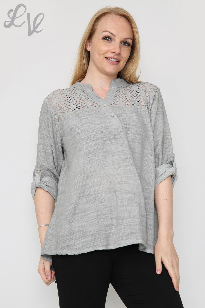 Dames blouse met kant en schouderdetail Grijs
