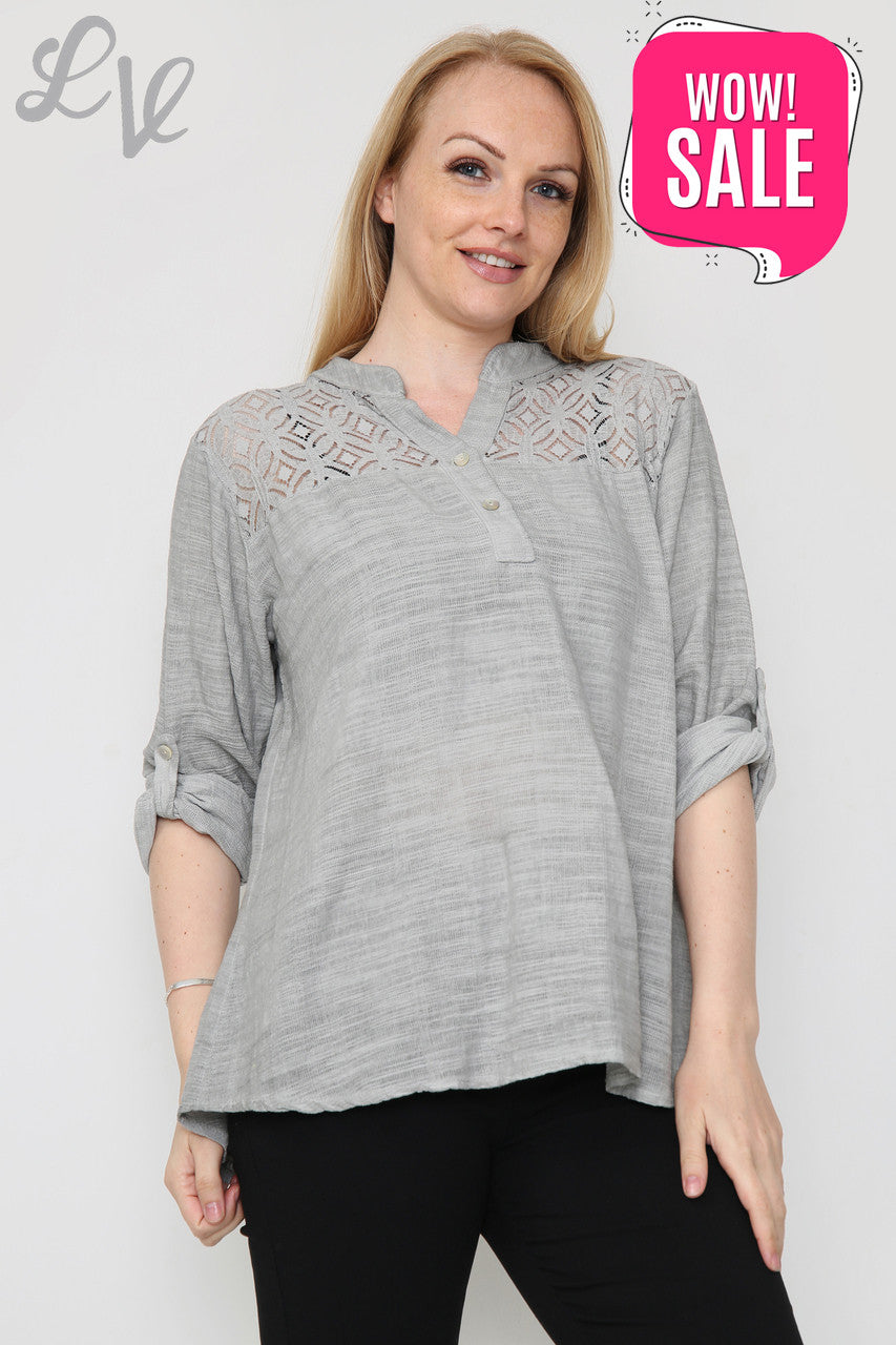 Dames blouse met kant en schouderdetail Grijs