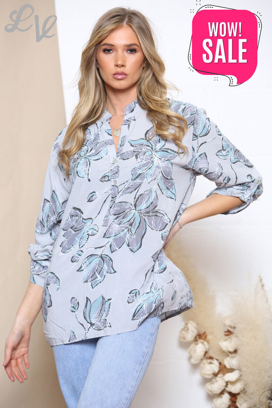 Ladies Flowers Print Shirt Top Grey