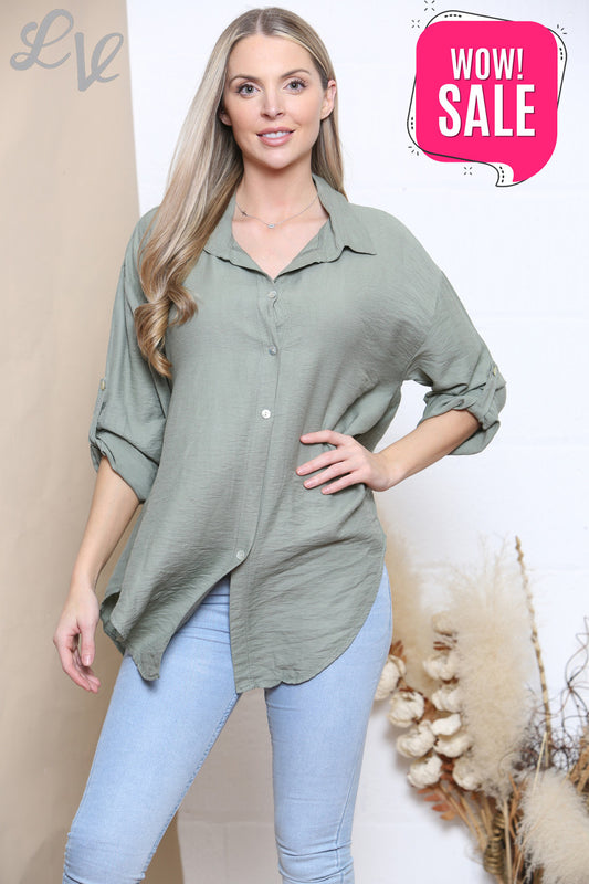 Ladies Plain Button Front Shirt Top Khaki