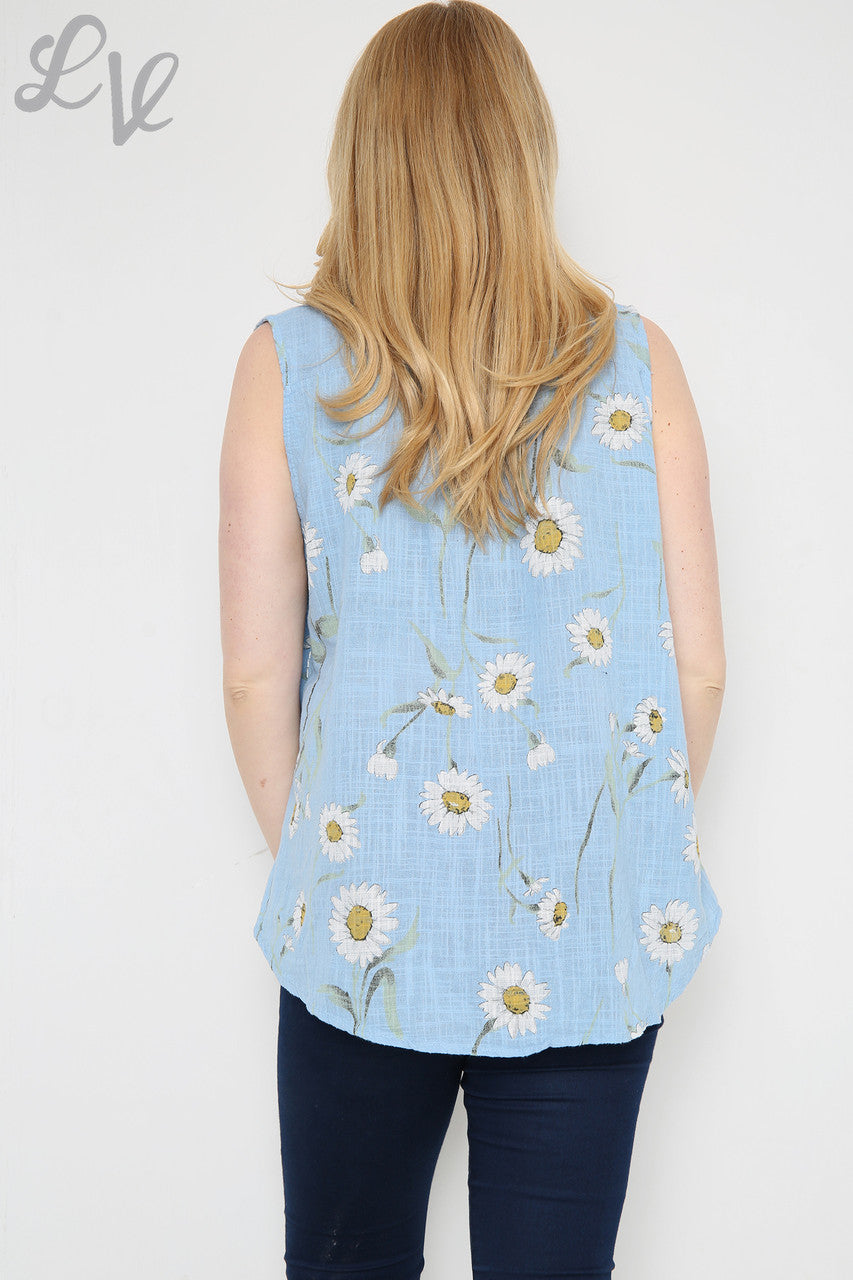 Ladies Sleeveless Daisy Print Top Light Blue