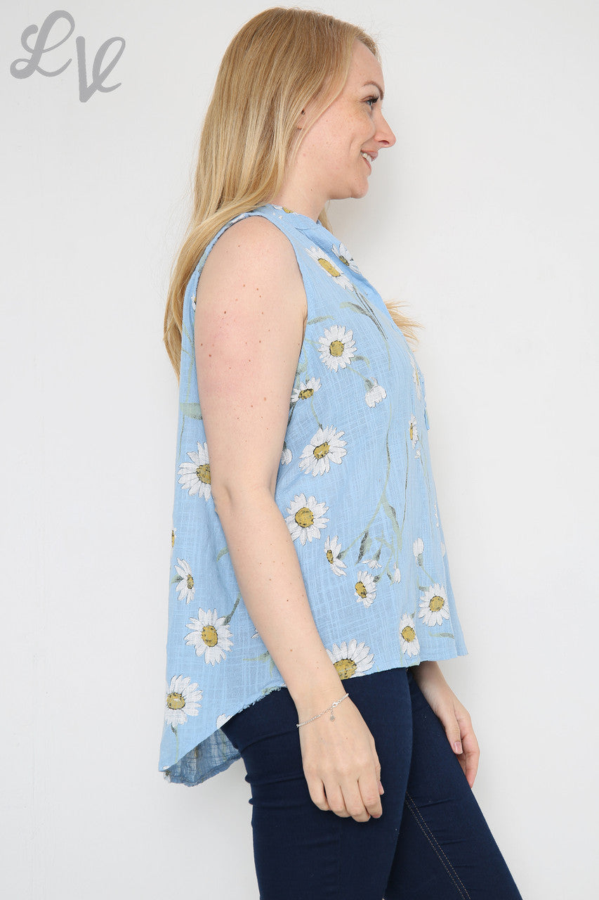 Ladies Sleeveless Daisy Print Top Light Blue