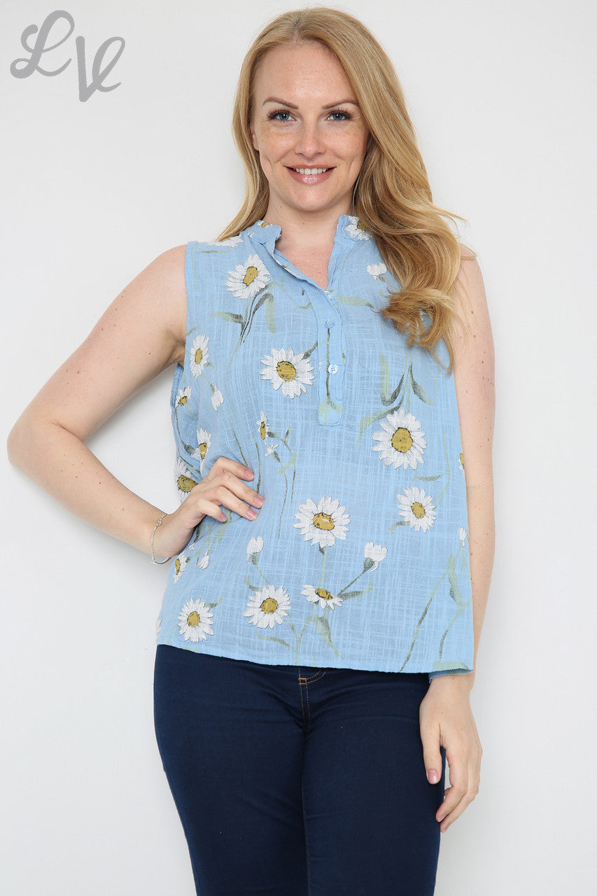 Ladies Sleeveless Daisy Print Top Light Blue