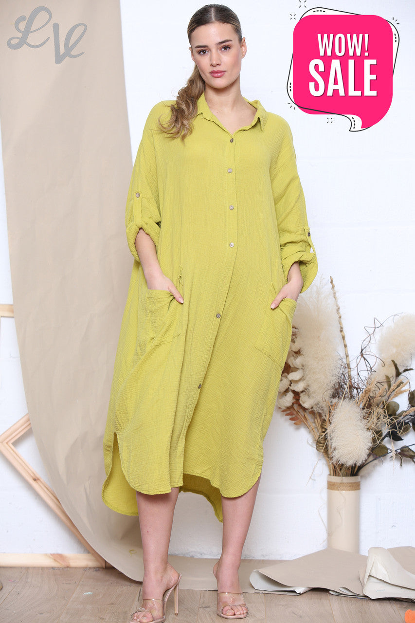 Dames Maxi Relaxed Overhemdjurk Mosterd