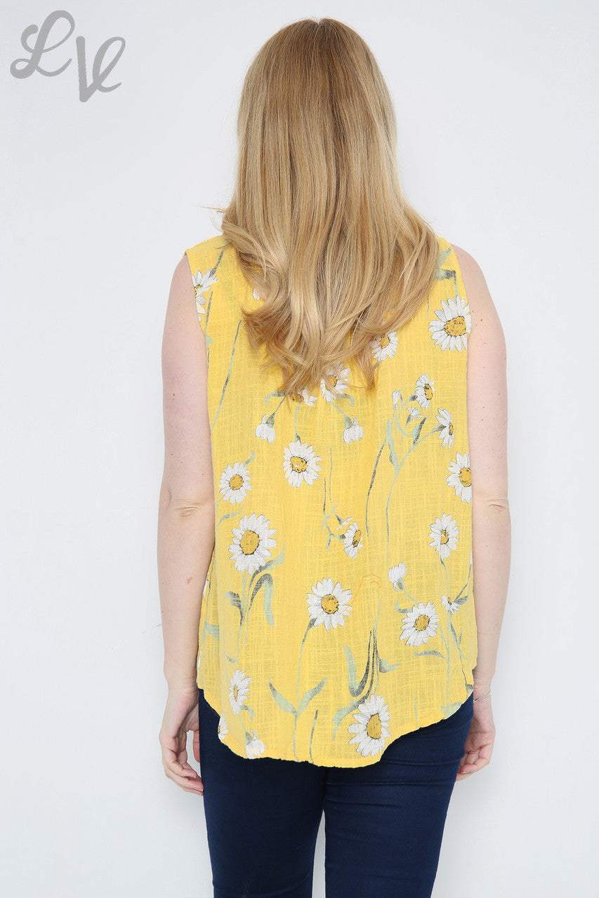 Ladies Sleeveless Daisy Print Top  Mustard