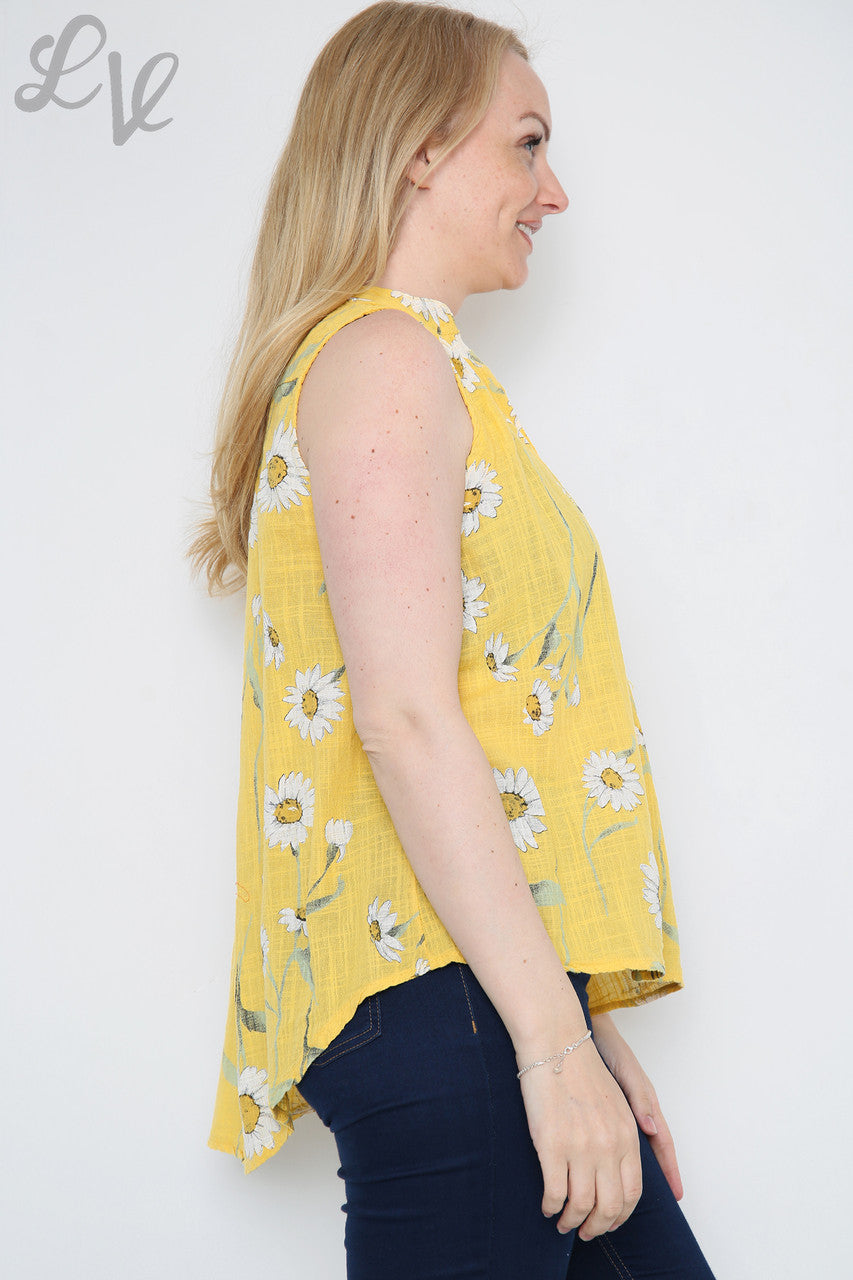 Ladies Sleeveless Daisy Print Top  Mustard