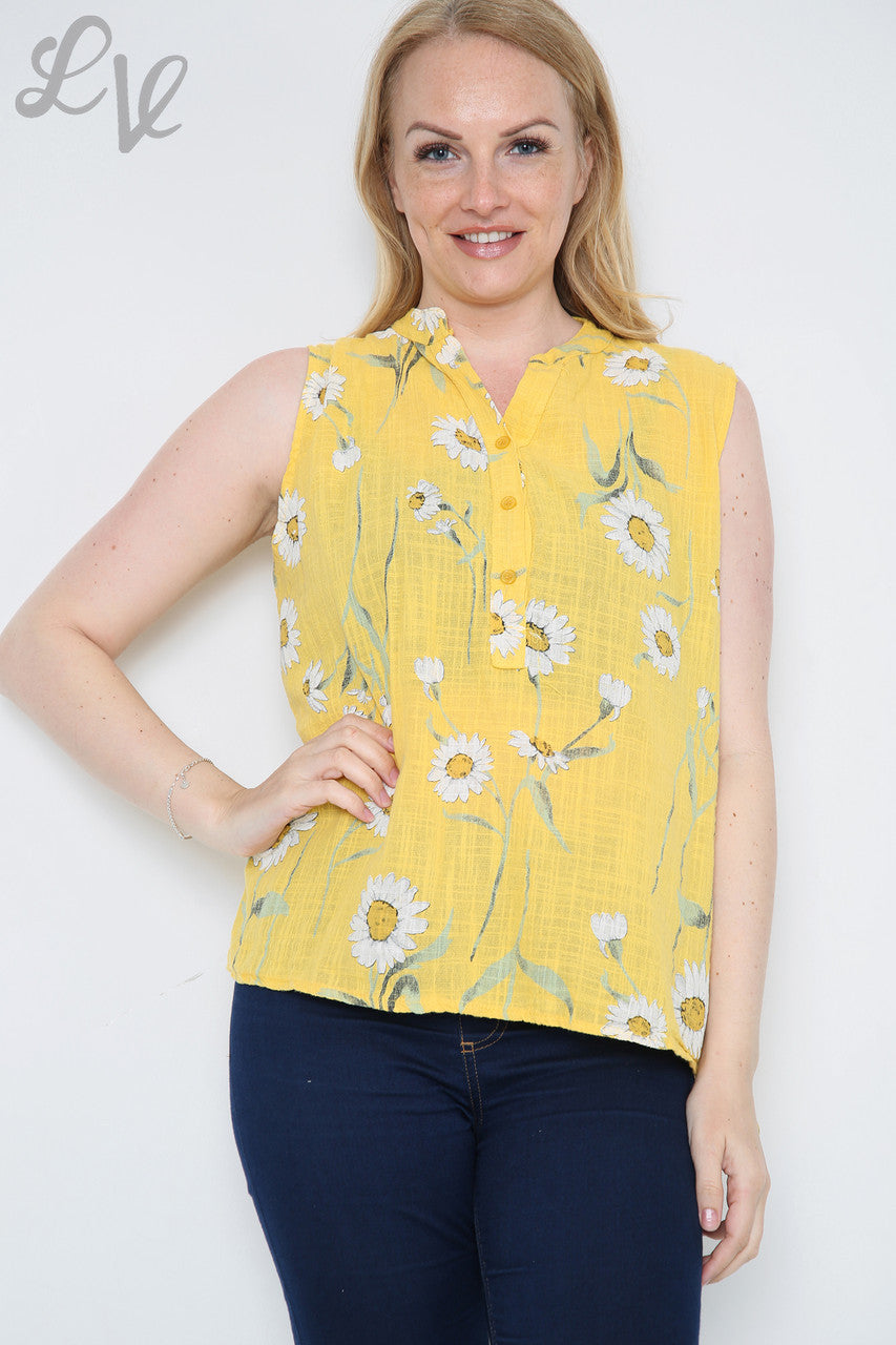 Ladies Sleeveless Daisy Print Top  Mustard