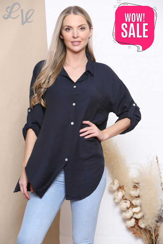 Ladies Plain Button Front Shirt Top Navy