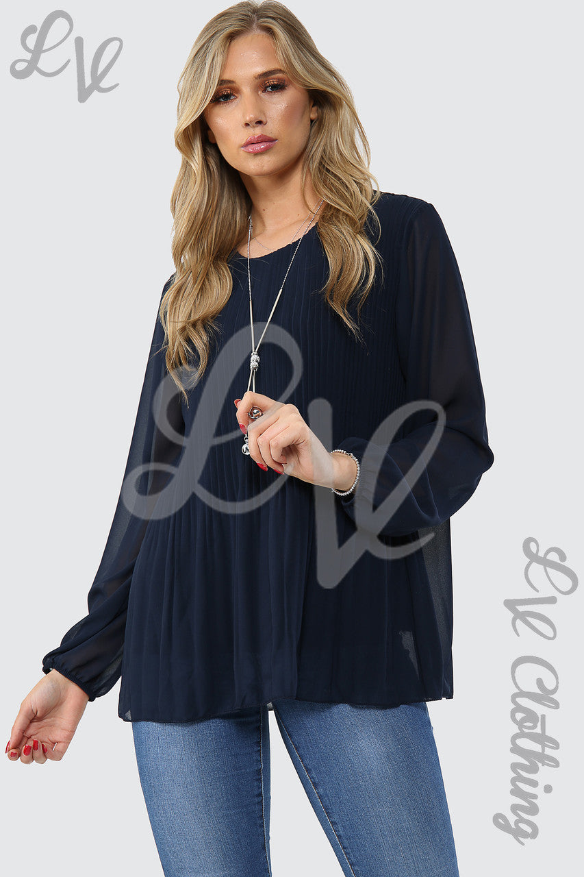Ladies Pleated Long Sleeve Blouse With Necklace Navy -  Unit Price £8.99