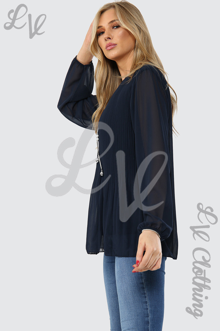Ladies Pleated Long Sleeve Blouse With Necklace Navy -  Unit Price £8.99