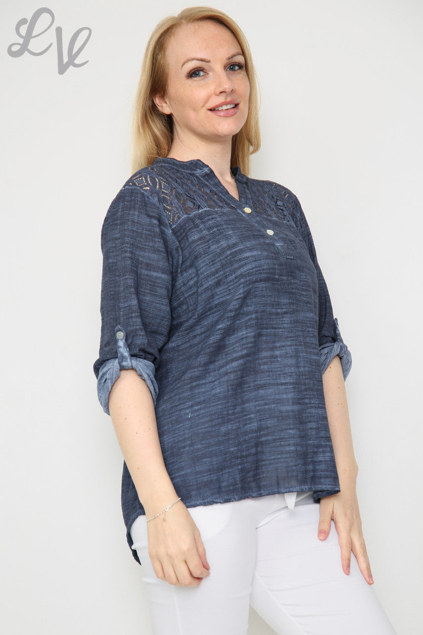 Dames Blouse Marineblauw met Kanten Schouderdetails