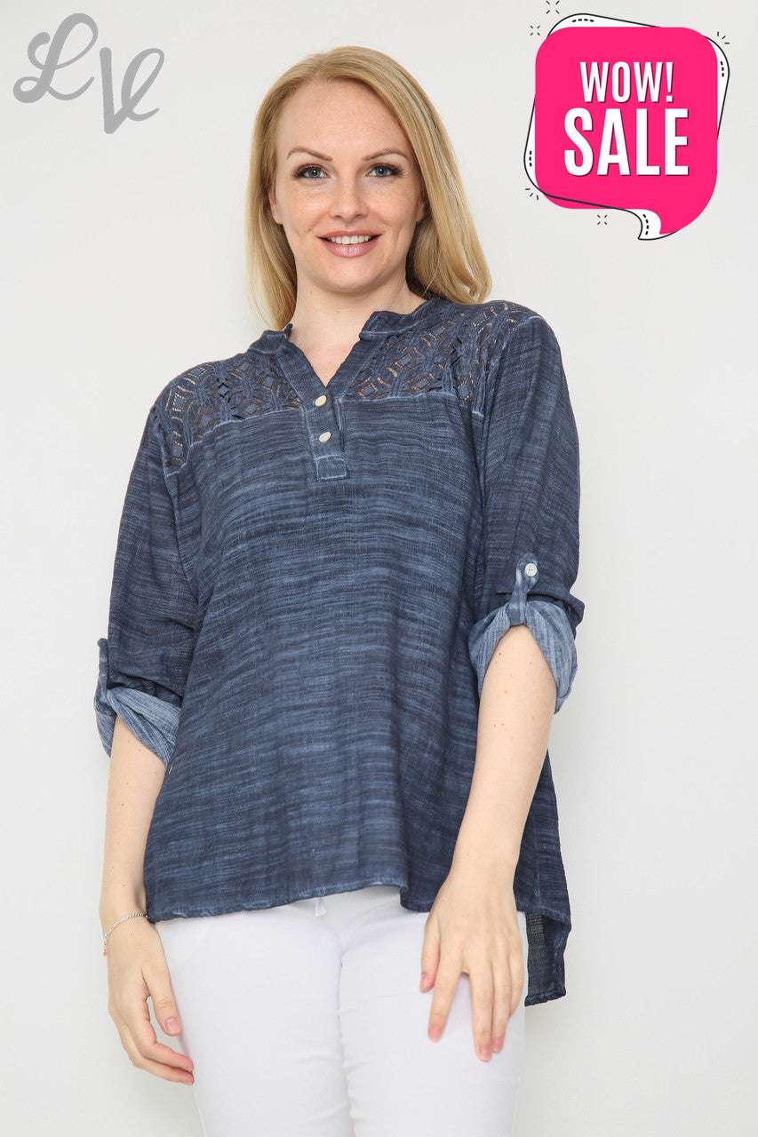Dames Blouse Marineblauw met Kanten Schouderdetails