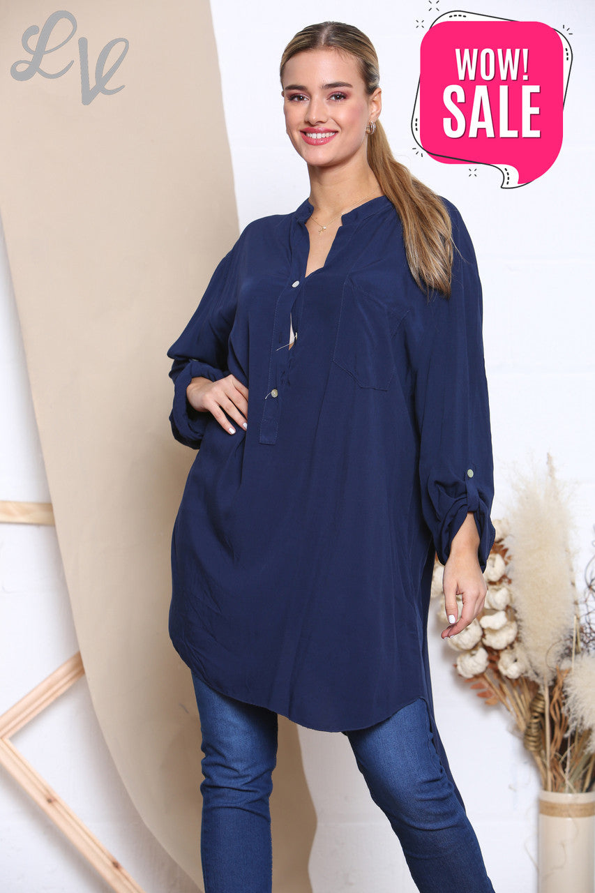 Ladies Longline Floaty Grandad Collar Shirt Navy