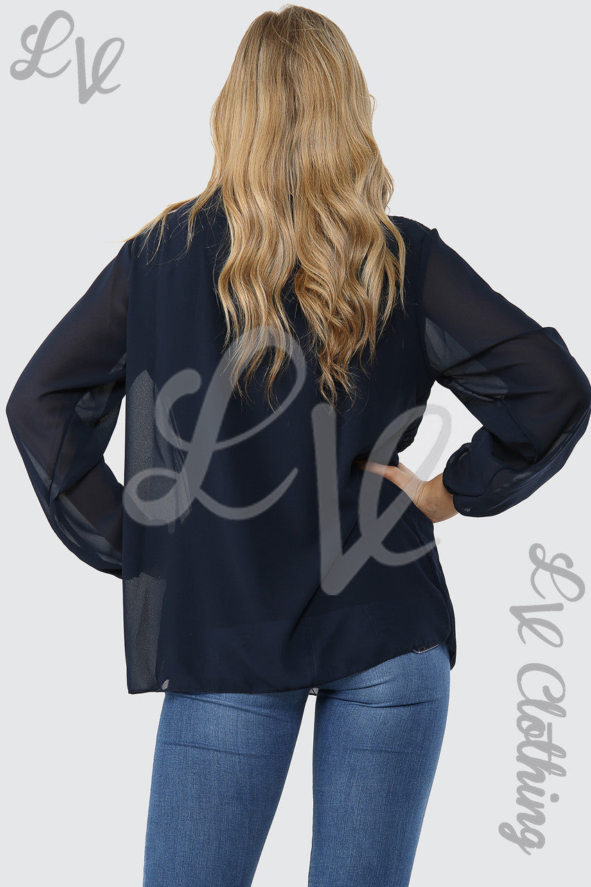 Ladies Pleated Long Sleeve Blouse With Necklace Navy -  Unit Price £8.99