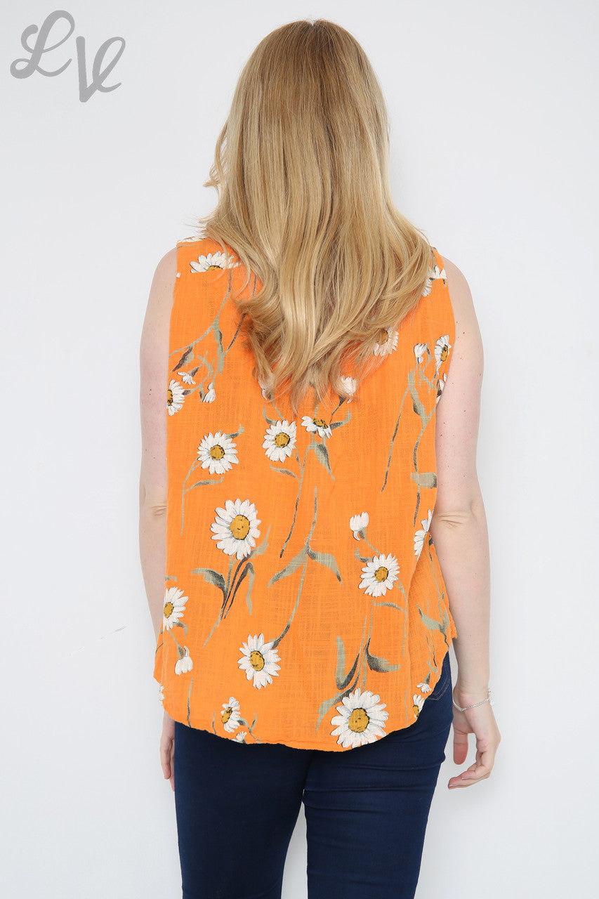Dames Mouwloze Top met Madeliefjesprint Oranje