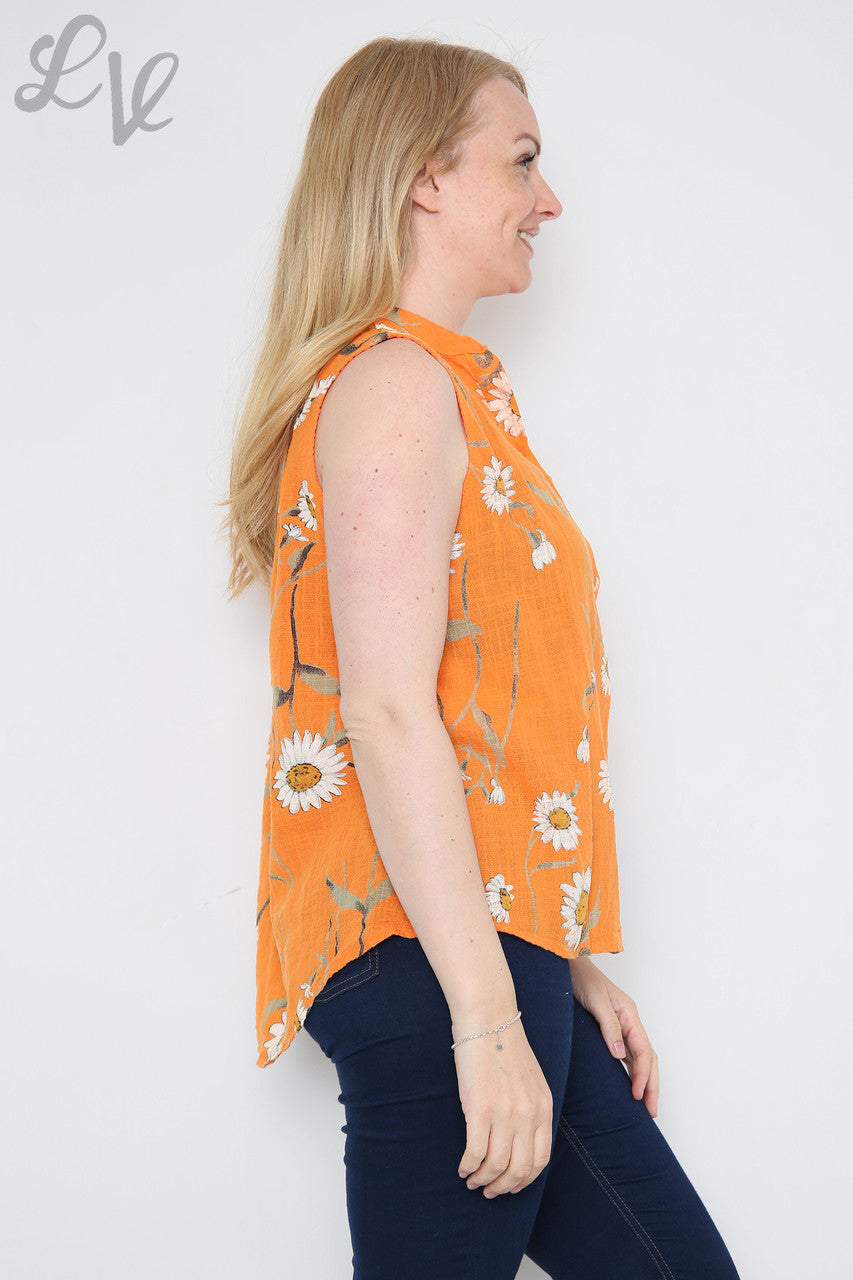 Dames Mouwloze Top met Madeliefjesprint Oranje