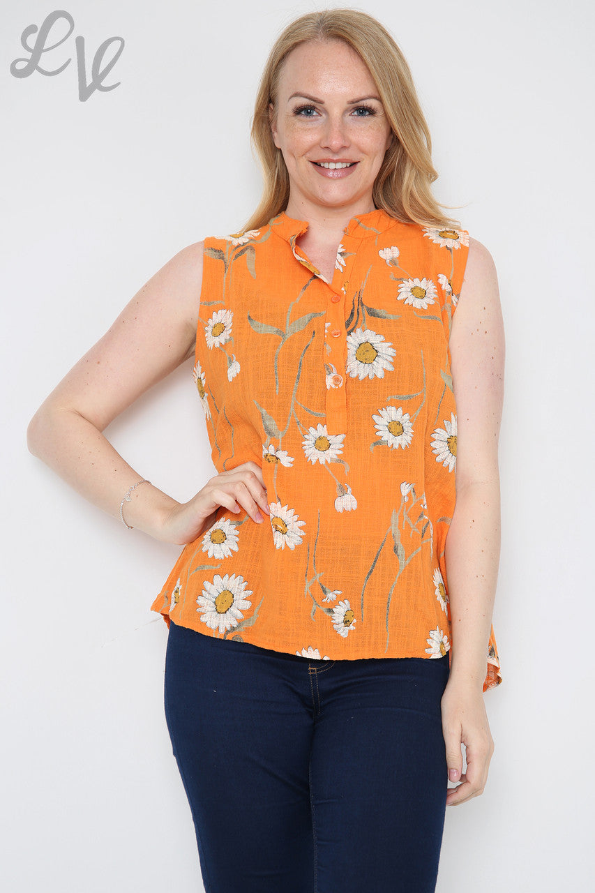 Dames Mouwloze Top met Madeliefjesprint Oranje