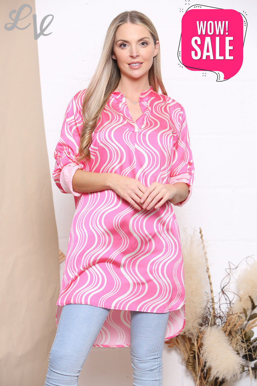 Ladies Squiggle Lines Shirt Tunic Top Pink