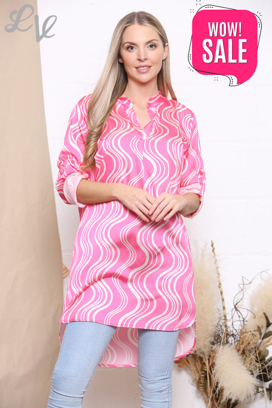 Ladies Squiggle Lines Shirt Tunic Top Pink