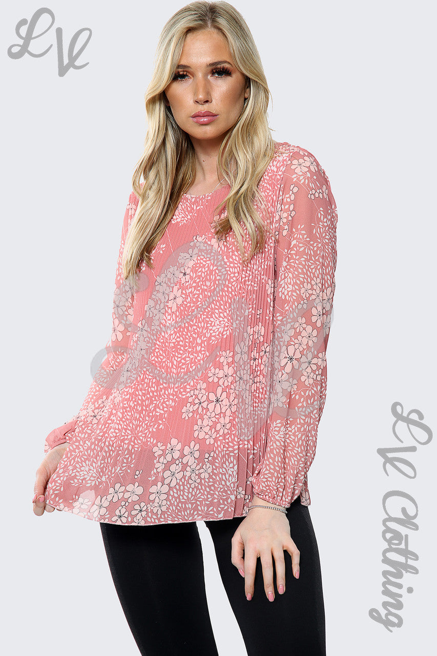 Dames Blouse Geplisseerd Met Bloemen- En Bladmotief Zalm Eenheidsprijs £8.99