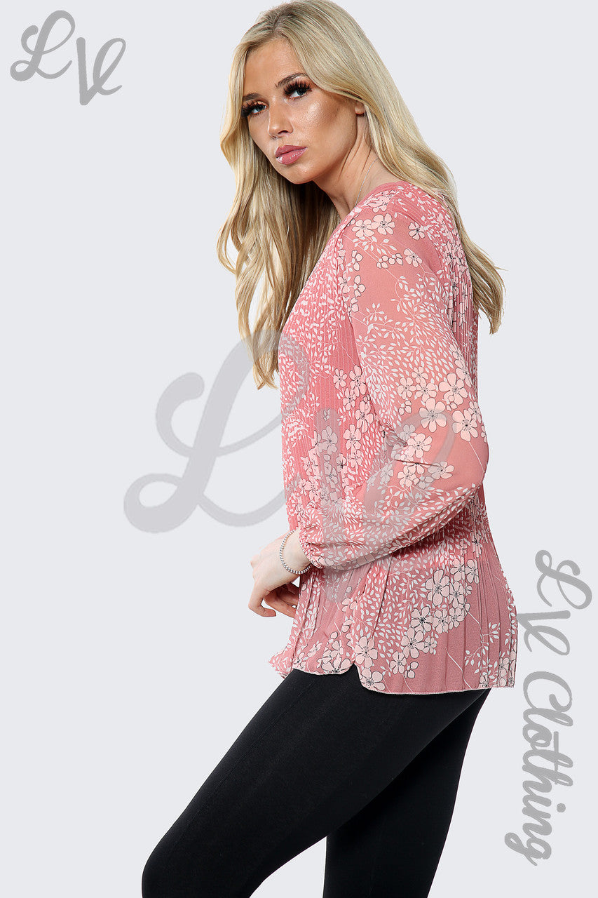 Dames Blouse Geplisseerd Met Bloemen- En Bladmotief Zalm Eenheidsprijs £8.99