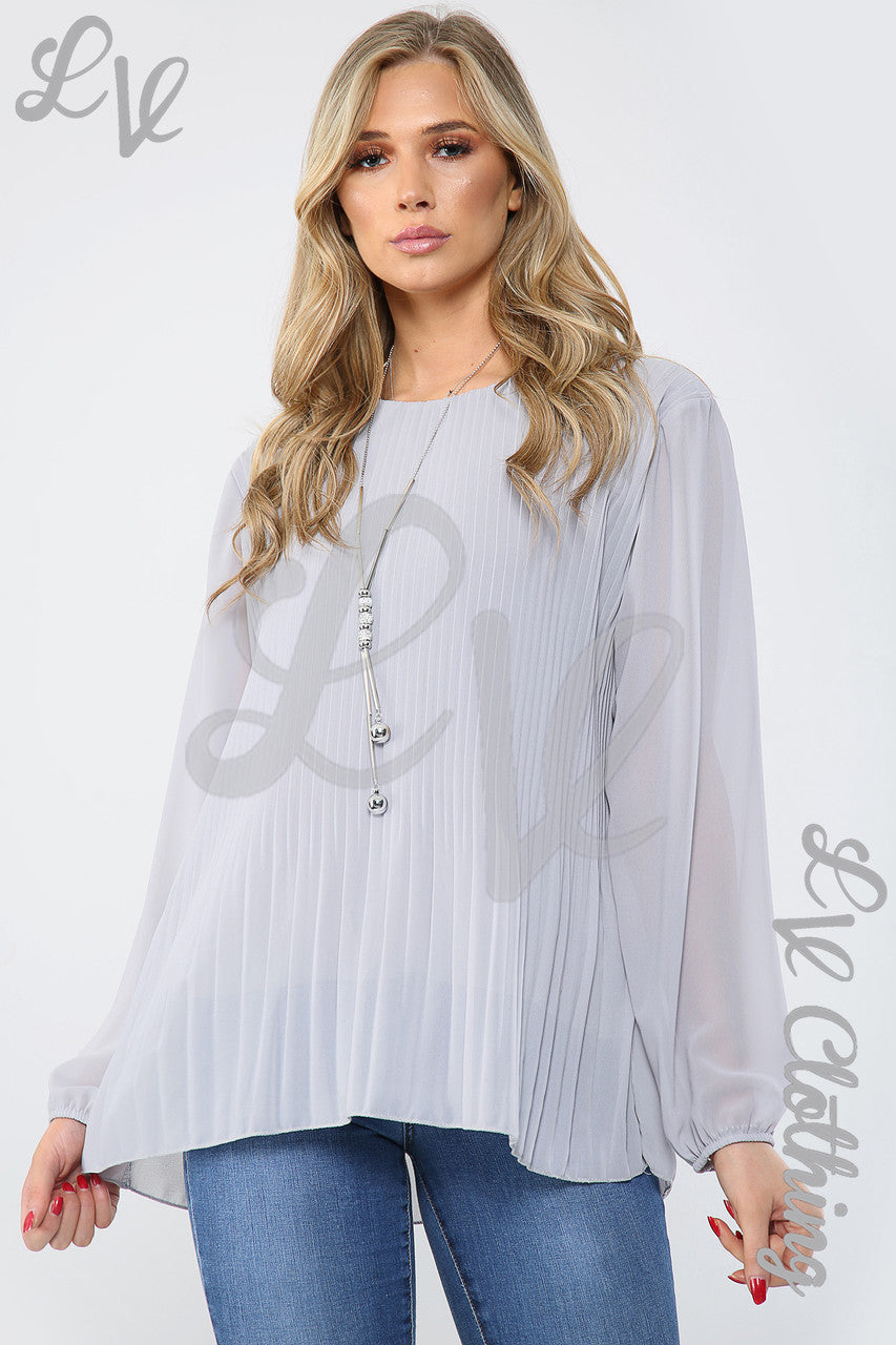 Ladies Pleated Long Sleeve Blouse With Necklace Grey - Unit Price £8.99