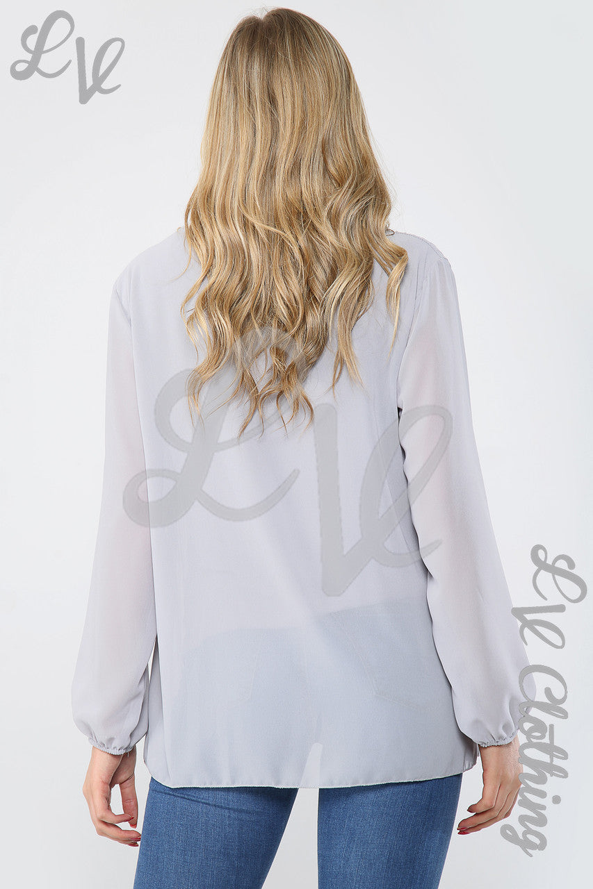 Ladies Pleated Long Sleeve Blouse With Necklace Grey - Unit Price £8.99