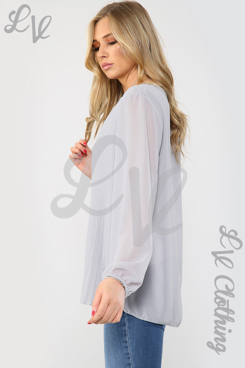 Ladies Pleated Long Sleeve Blouse With Necklace Grey - Unit Price £8.99