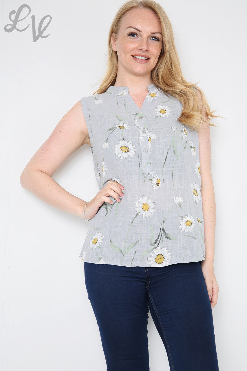 Dames Mouwloze Top Met Madeliefjesprint Zilver Prijs per stuk € 8,99