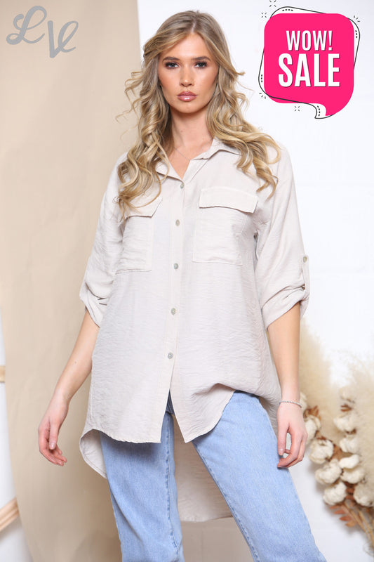 Ladies Pocket Front Button Up Longline Shirt Stone
