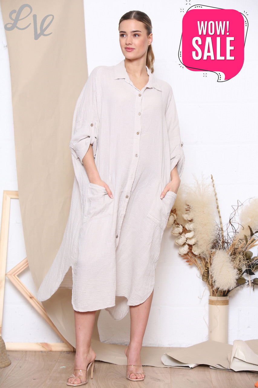 Ladies Maxi Relaxed Shirt Dress Stone