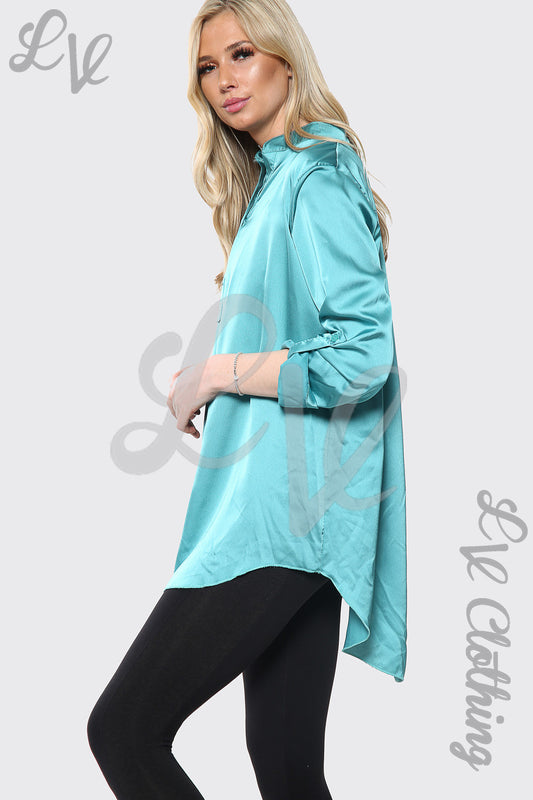 Turquoise satin shirt dress with point collar and rolled button cuffs