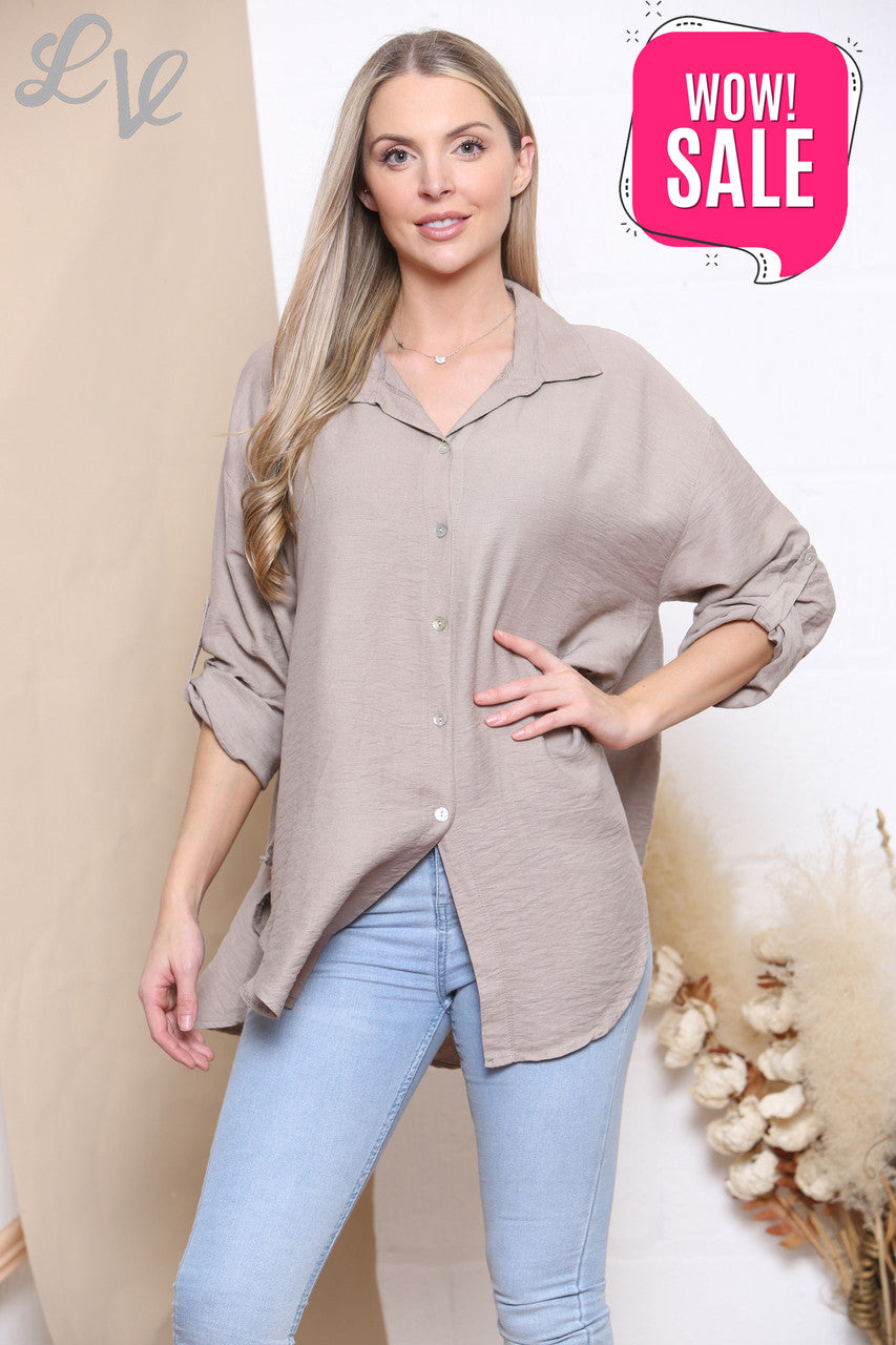 Ladies Plain Button Front Shirt Top Taupe