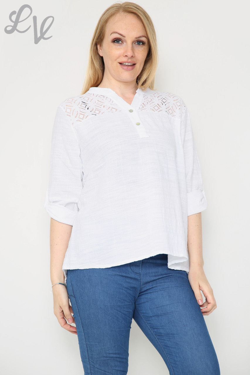 Dames overhemd met kanten schouderdetails wit