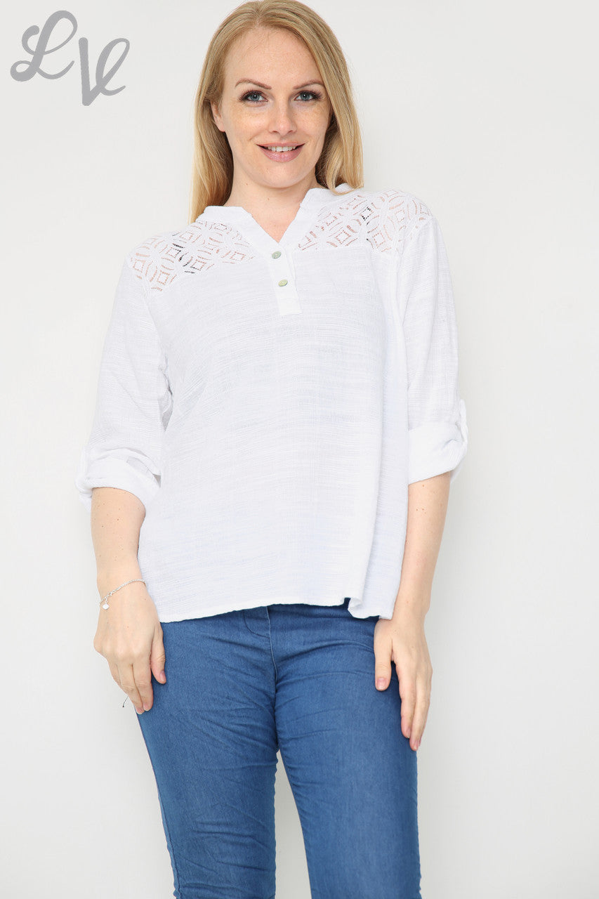 Dames overhemd met kanten schouderdetails wit