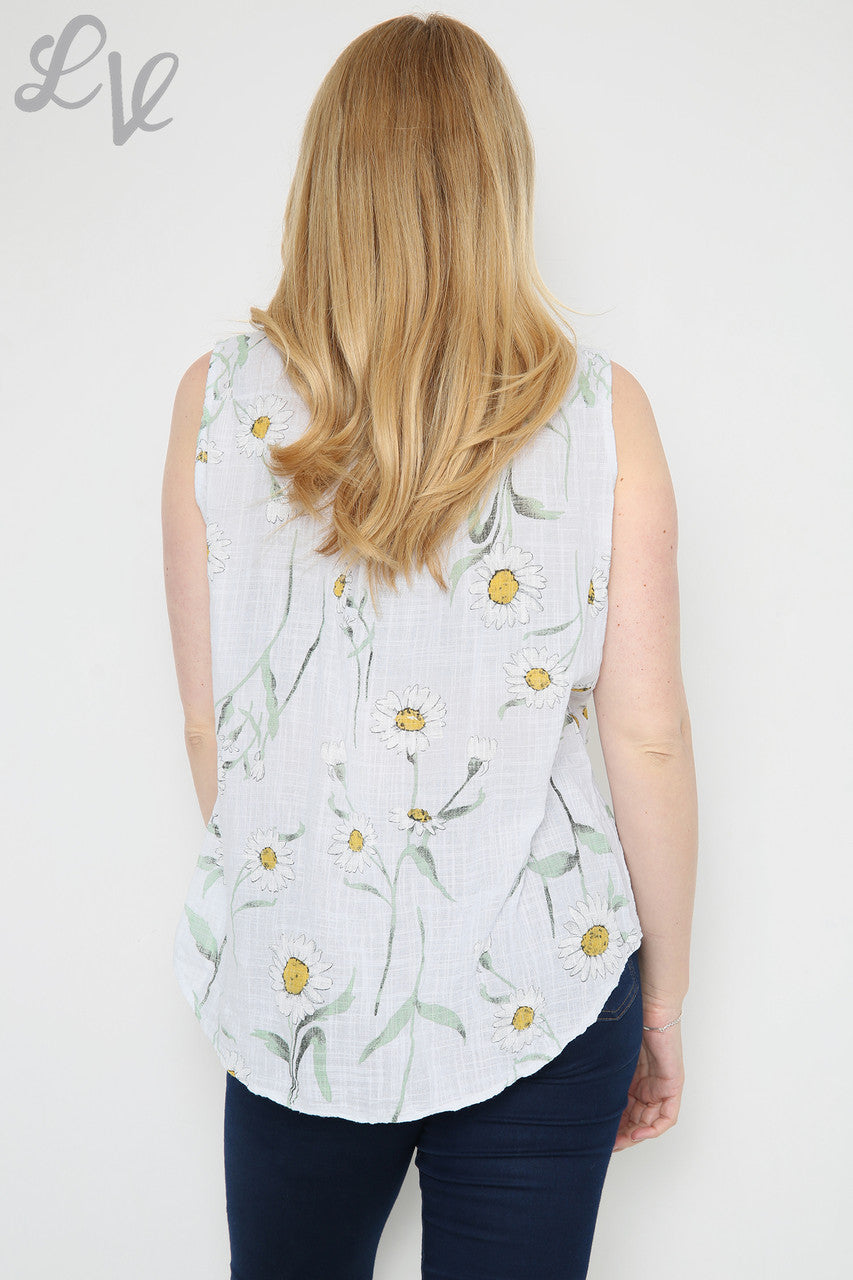 Ladies Sleeveless Daisy Print Top White