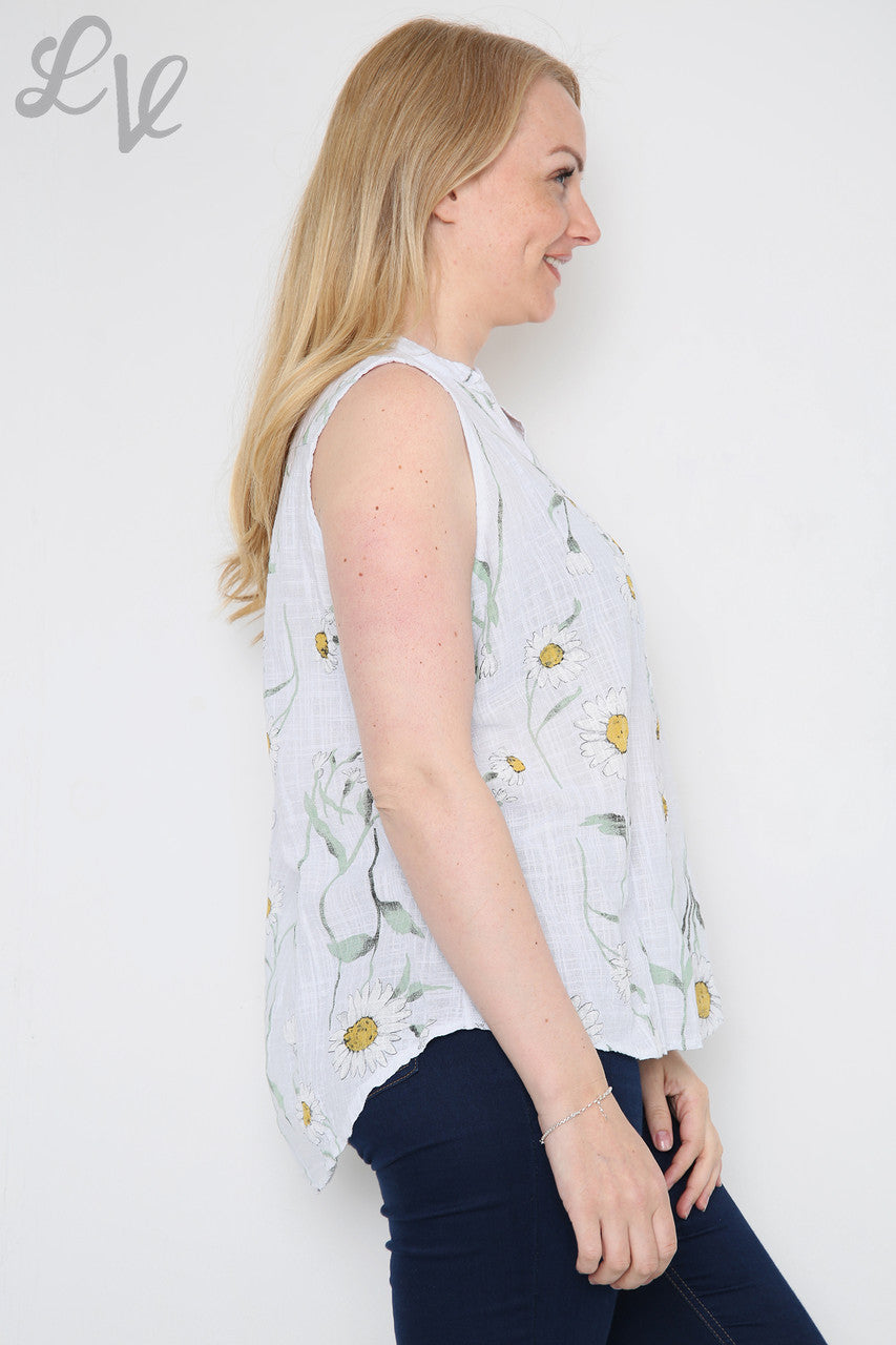 Ladies Sleeveless Daisy Print Top White
