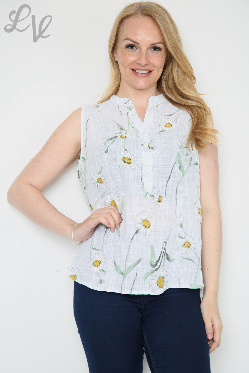Ladies Sleeveless Daisy Print Top White