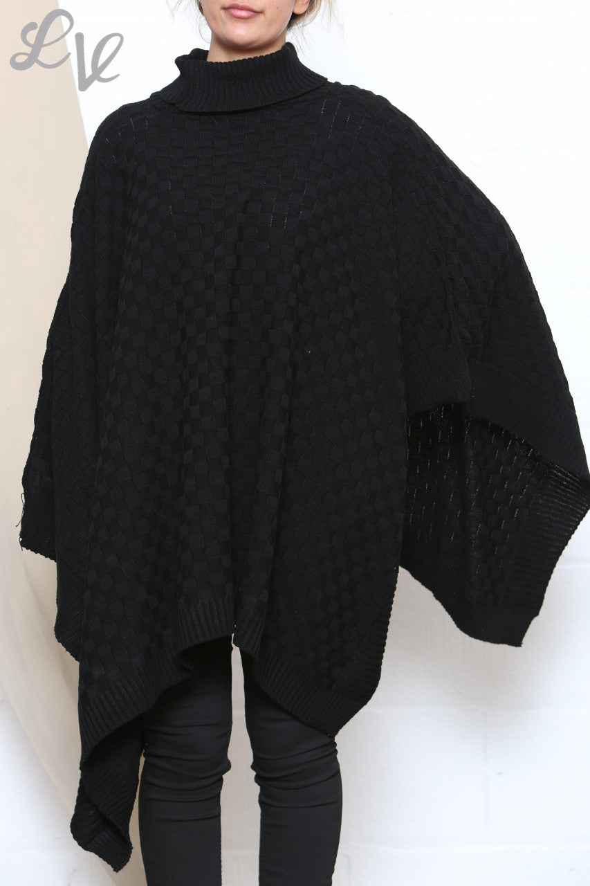 Ladies Roll Neck Poncho Asymmetrical Poncho Black