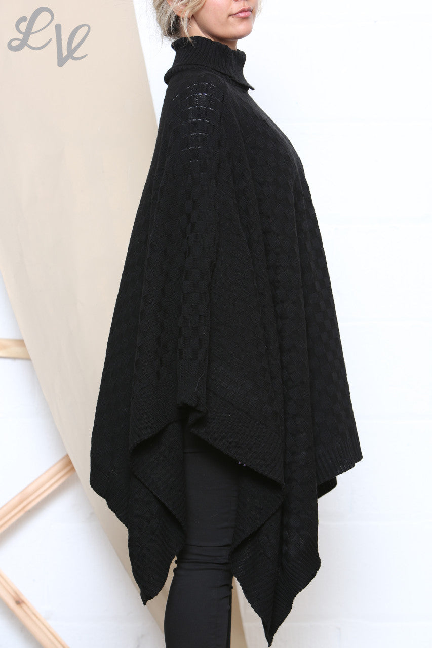 Ladies Roll Neck Poncho Asymmetrical Poncho Black