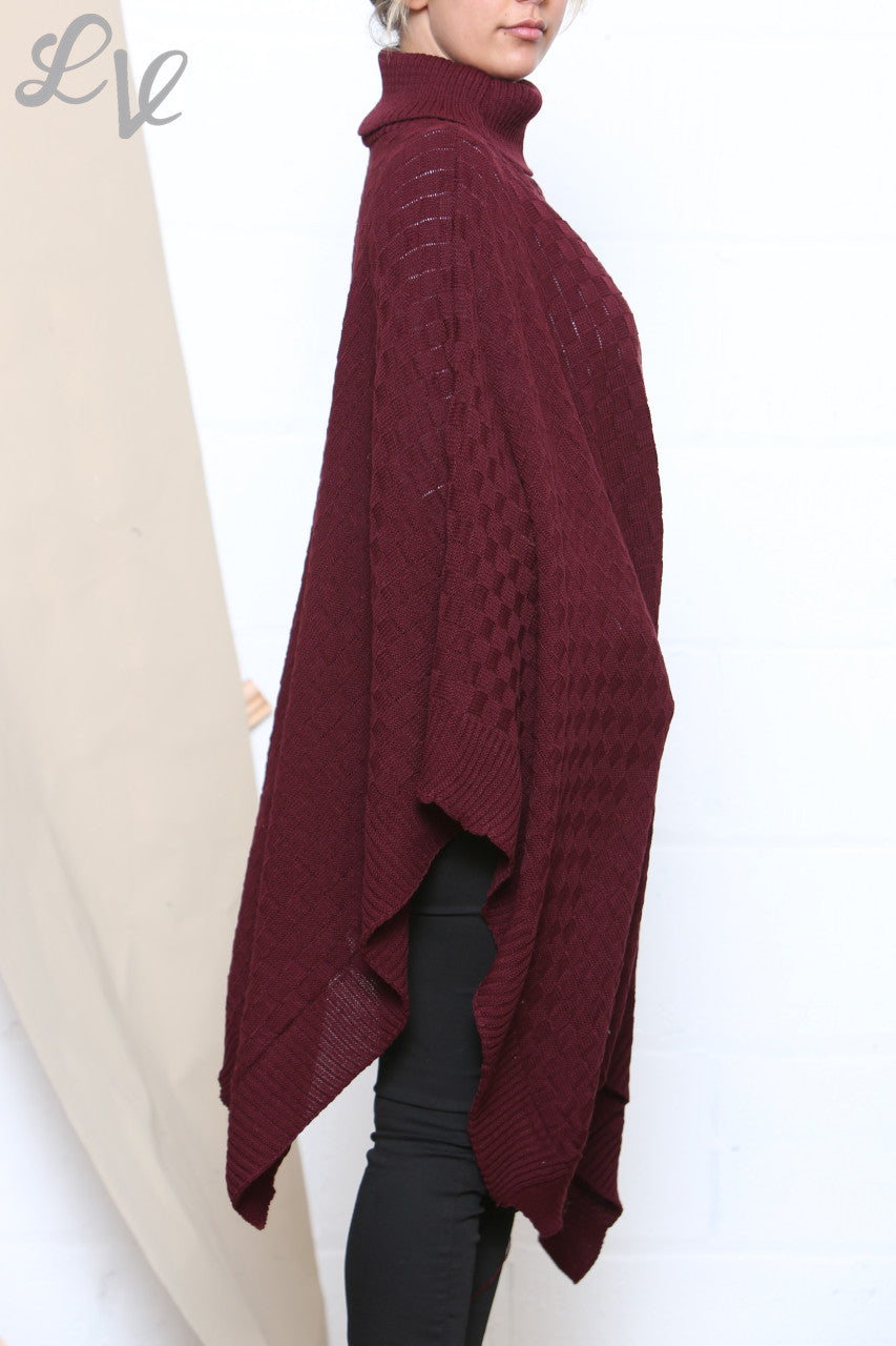 Ladies Roll Neck Poncho Asymmetrical Poncho Burgundy