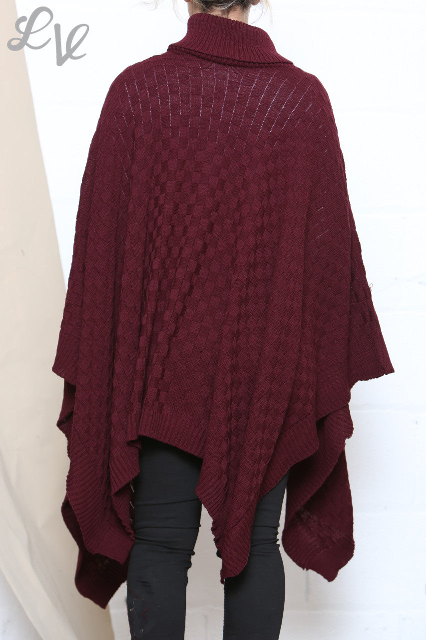 Ladies Roll Neck Poncho Asymmetrical Poncho Burgundy
