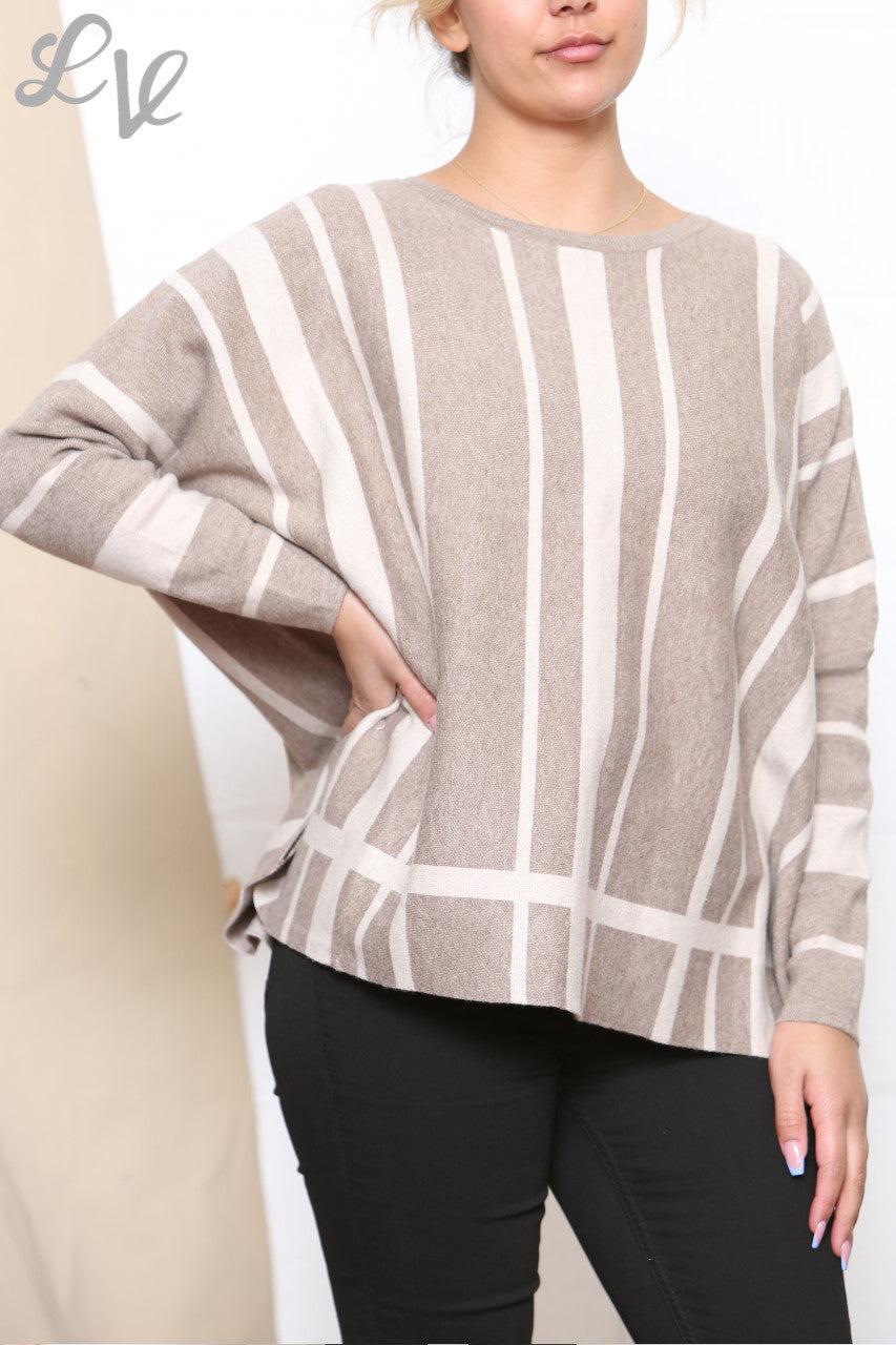 Ladies Stripe Design Round Neck Long Sleeve Jumper Stone